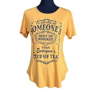 Top Destinations Dark Yellow Shot of Whiskey Curved Hem T-shirt, Medium, NEW